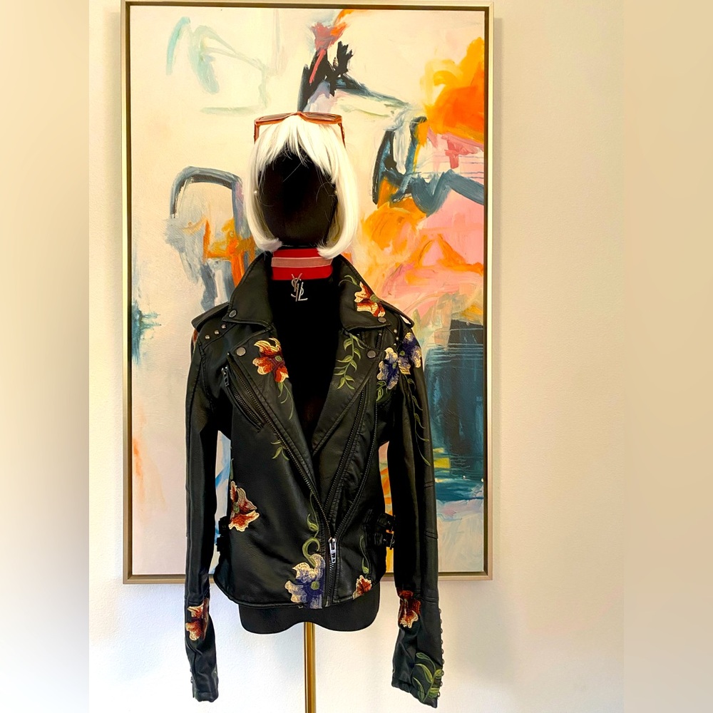Vegan Leather Jacket distressed look. Floral embroidered. Black/red/ blue/green.